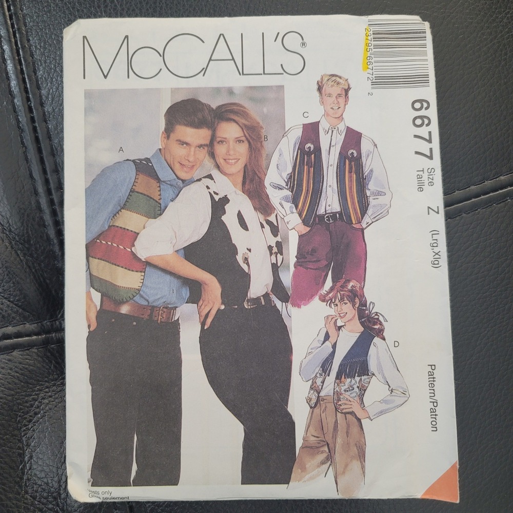McCalls 6677 Western Vest Sewing Pattern Men Misses Size Z Lrg XLg Uncut